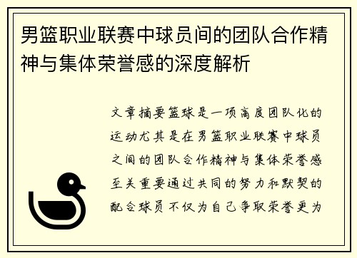 男篮职业联赛中球员间的团队合作精神与集体荣誉感的深度解析