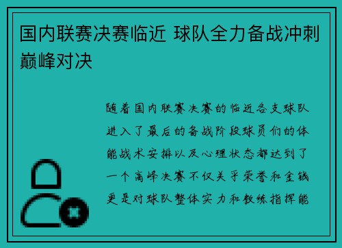 国内联赛决赛临近 球队全力备战冲刺巅峰对决