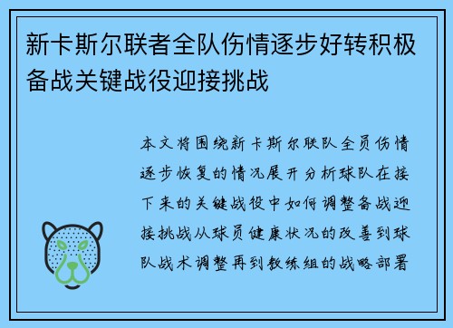 新卡斯尔联者全队伤情逐步好转积极备战关键战役迎接挑战
