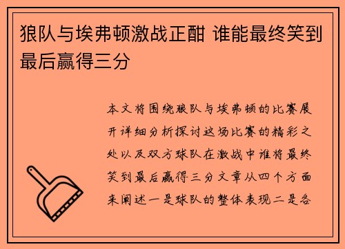 狼队与埃弗顿激战正酣 谁能最终笑到最后赢得三分