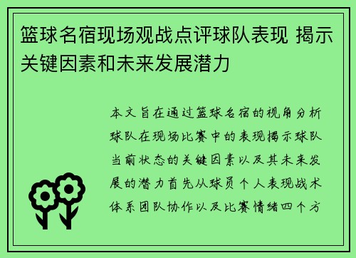 篮球名宿现场观战点评球队表现 揭示关键因素和未来发展潜力