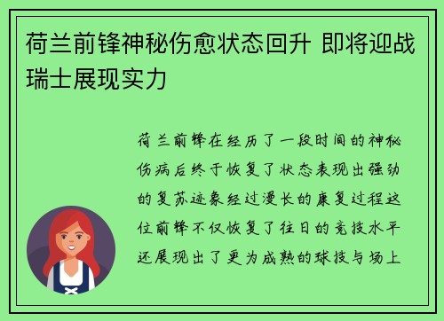 荷兰前锋神秘伤愈状态回升 即将迎战瑞士展现实力