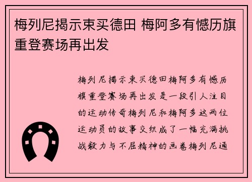 梅列尼揭示束买德田 梅阿多有憾历旗重登赛场再出发