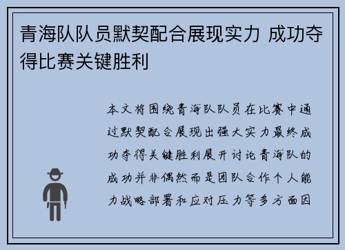 青海队队员默契配合展现实力 成功夺得比赛关键胜利